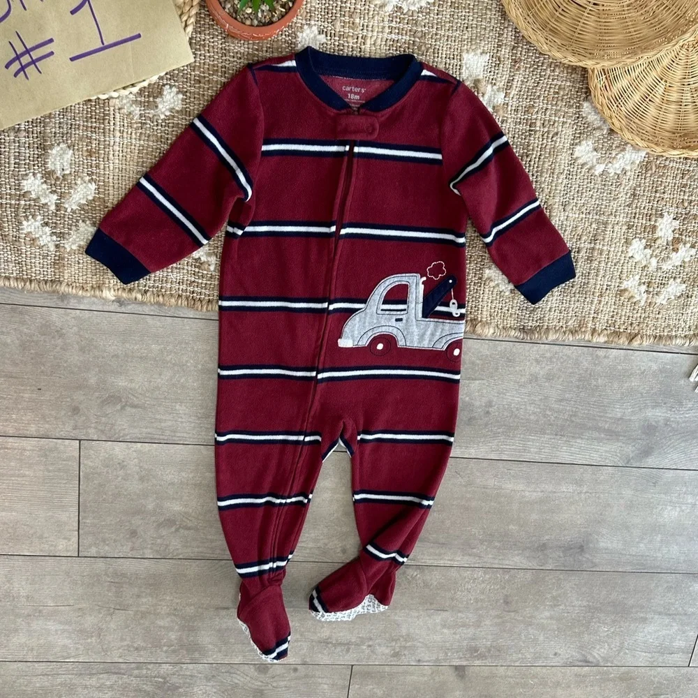 Carter's Toddler Boy Zip Footie Pajamas Sleeper Striped Fleece Tow Truck 18 M
